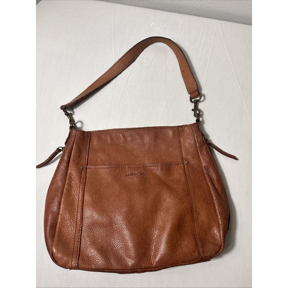American Leather Company Cognac Brown Shoulder Bag Purse Gold Hardware READ